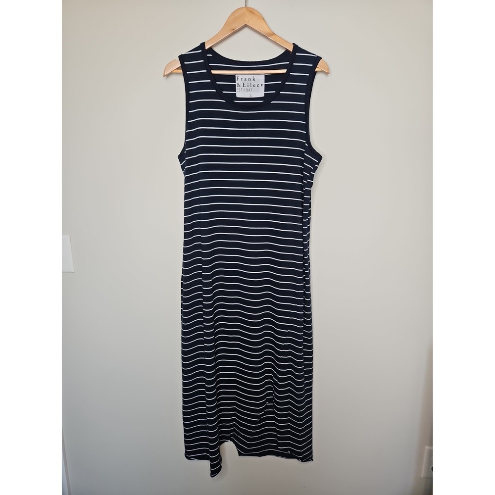 Frank & Eileen Dress L Easy Side Slit Tank Navy Striped Cotton Minimalist Sporty
